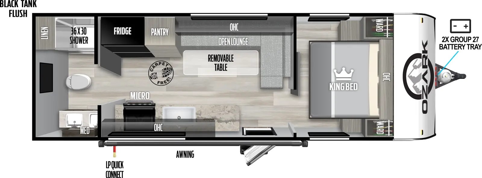 The 2300RBLE has zero slideouts and one entry. Exterior features 2X group 27 battery tray, awning, LP quick connect, and black tank flush. Interior layout front to back: foot-facing king bed with overhead cabinet and wardrobes on each side; open lounge wraps from inner wall to off-door side with removable table, overhead cabinet, pantry and refrigerator; door side entry, kitchen counter with sink, microwave, cooktop, and overhead cabinet; rear full bathroom with linen closet, and medicine cabinet. Carpet Free Interior.